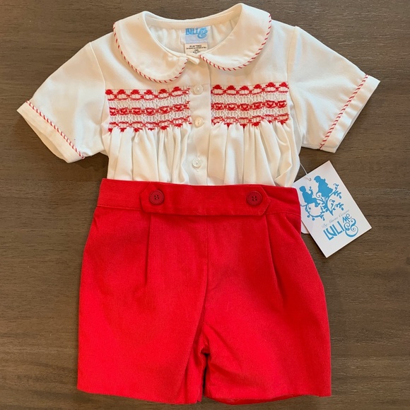 New Boys Luli & Me Red Corduroy Smocked Christmas Holiday Short Set